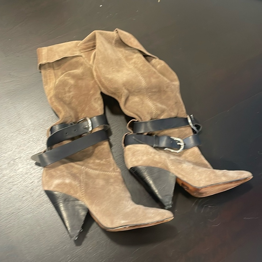 Isabel Marant tan suede black harness booties 37